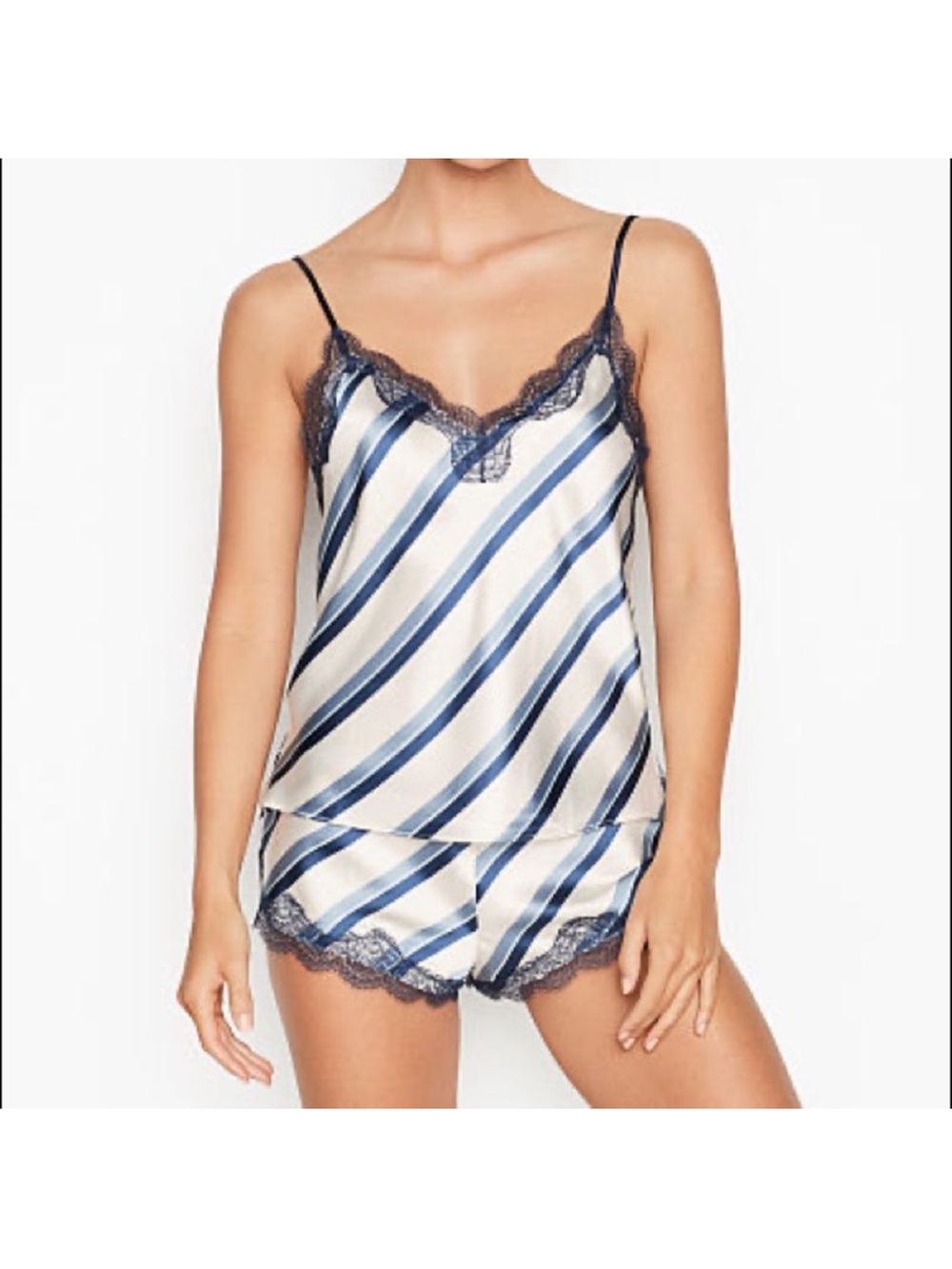 Victoria's Secret Navy & Ivory Striped Satin Lace Cami and Shorts Set